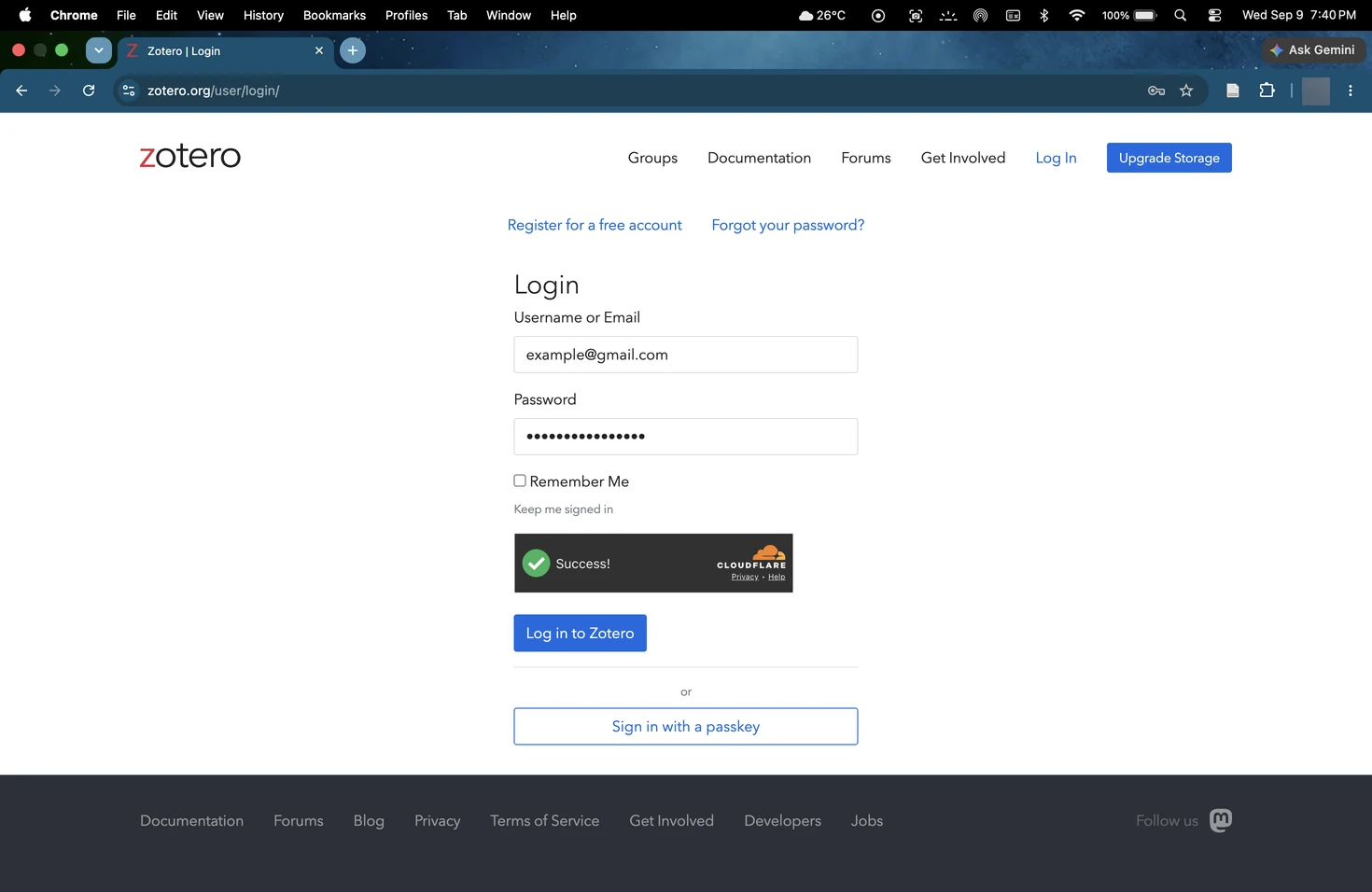 The Zotero login page with the username and password fields filled in.