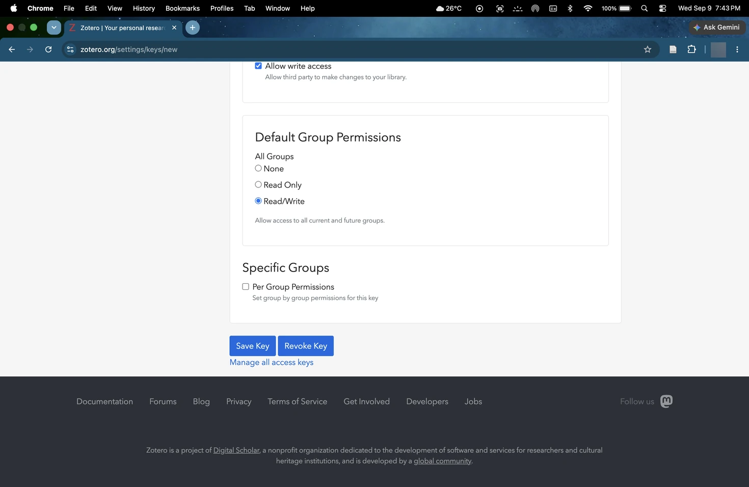 Default group permissions set to Read/Write, with the Save Key button below.